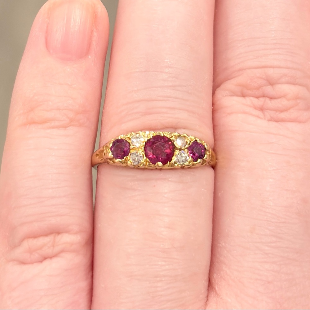 18K Ruby Diamond Edwardian Ring, 1960s Recreation Size 6.75 - Picture 4 of 15